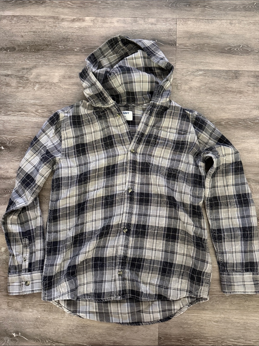 Old Navy Hooded Plaid Button-Up Shirt in Black and Gray Boy’s Size XL